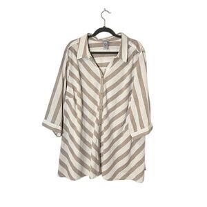 Catherines Womens Linen Cotton Top Size 3X Tan Striped Neutral Preppy